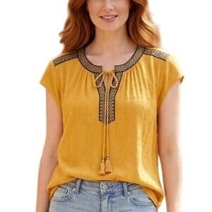 DR2 Peasant Top Womens XL Mustard Swiss Dot Tasseled  Embroidered Boho Blouse